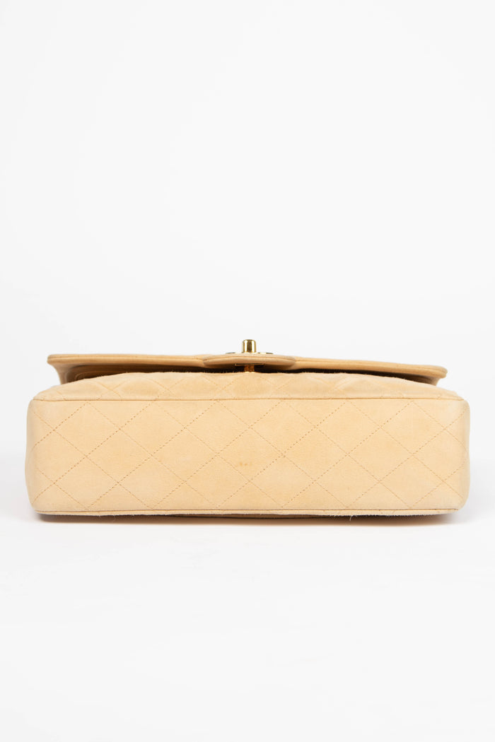 90s Chanel Beige Suede Medium Double Flap Bag with 24k GHW