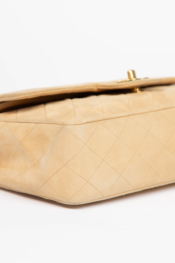 90s Chanel Beige Suede Medium Double Flap Bag with 24k GHW
