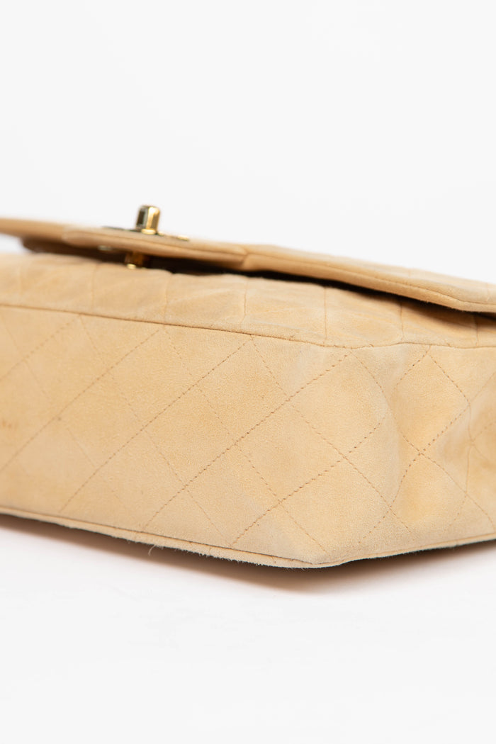 90s Chanel Beige Suede Medium Double Flap Bag with 24k GHW