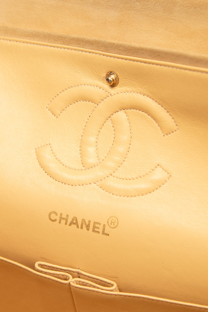 90s Chanel Beige Suede Medium Double Flap Bag with 24k GHW
