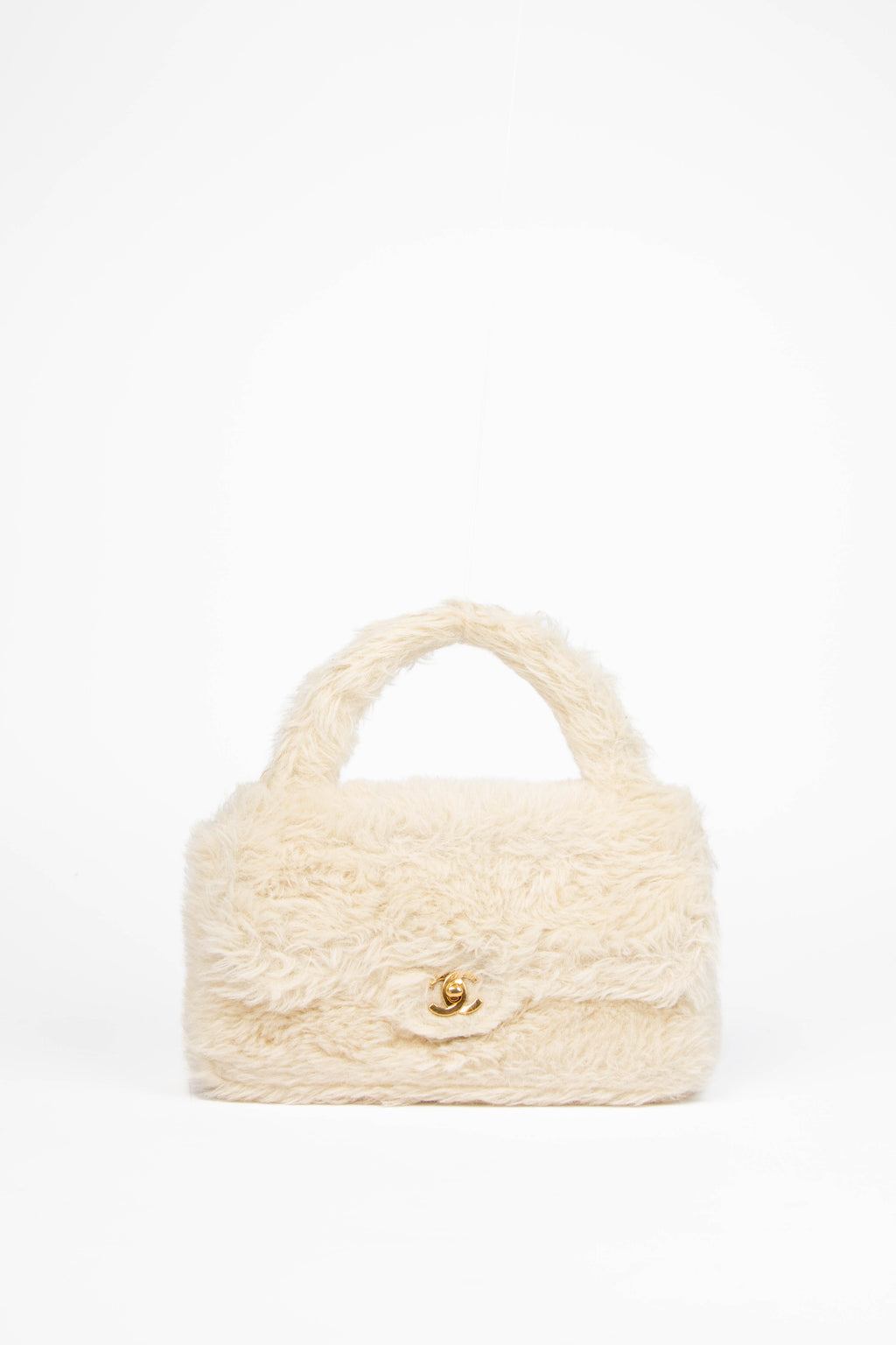 SUPER RARE 90s Chanel Cream Shearling Top Handle Bag