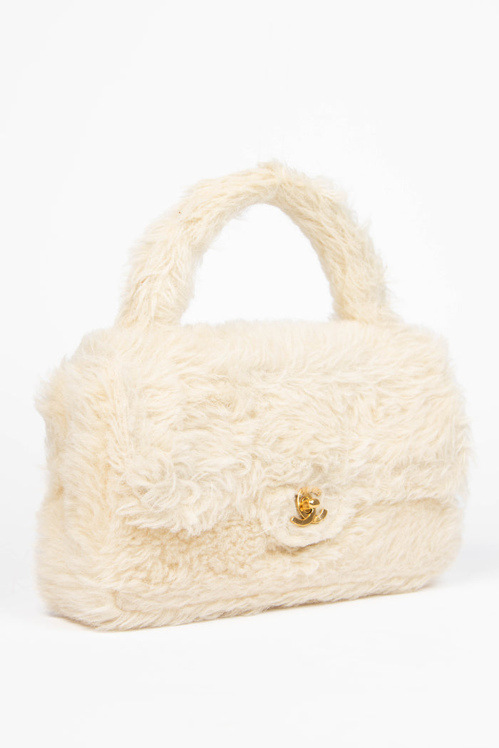 SUPER RARE 90s Chanel Cream Shearling Top Handle Bag