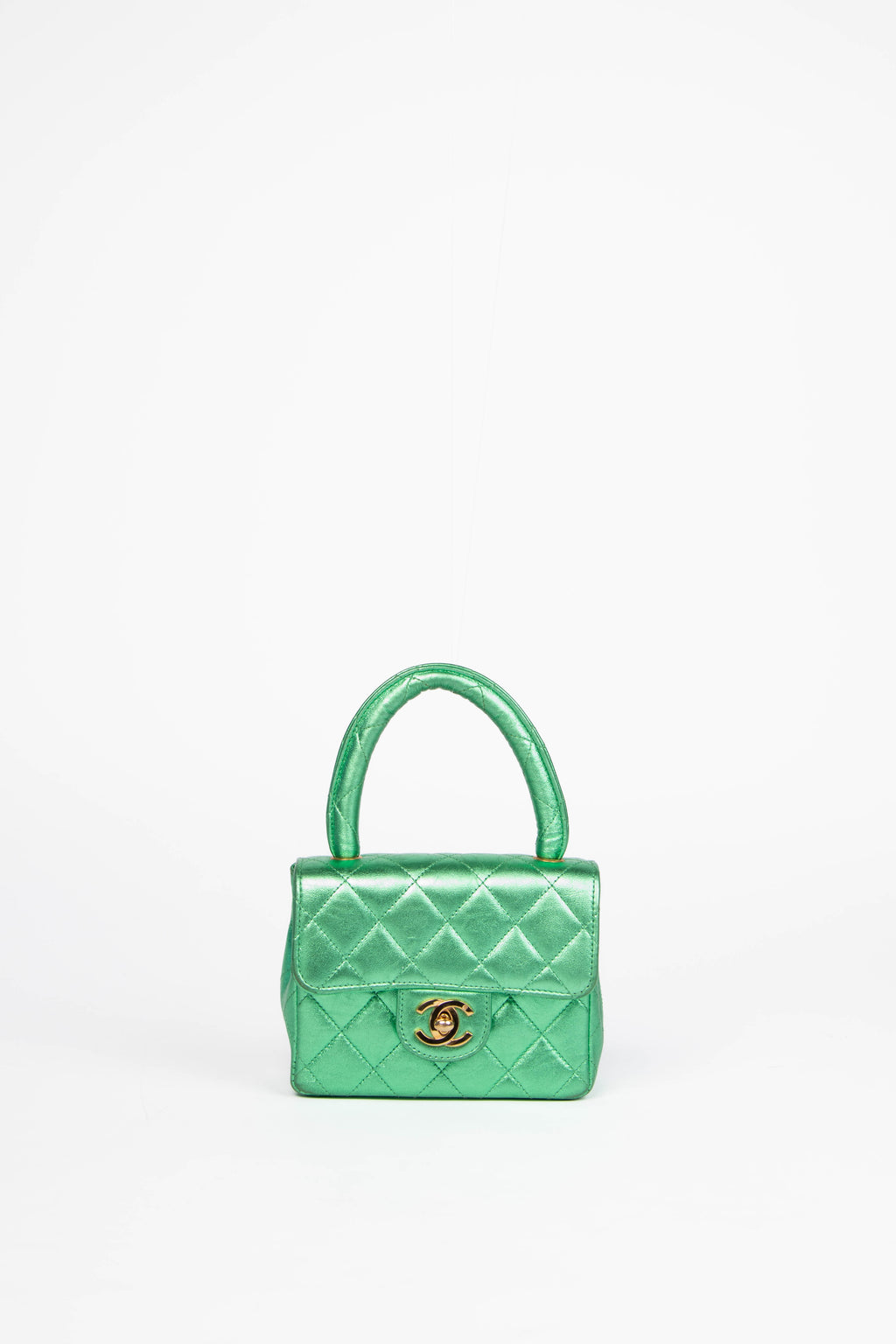 RARE 90s Chanel Metallic Green Lambskin Leather Mini Top Handle Bag