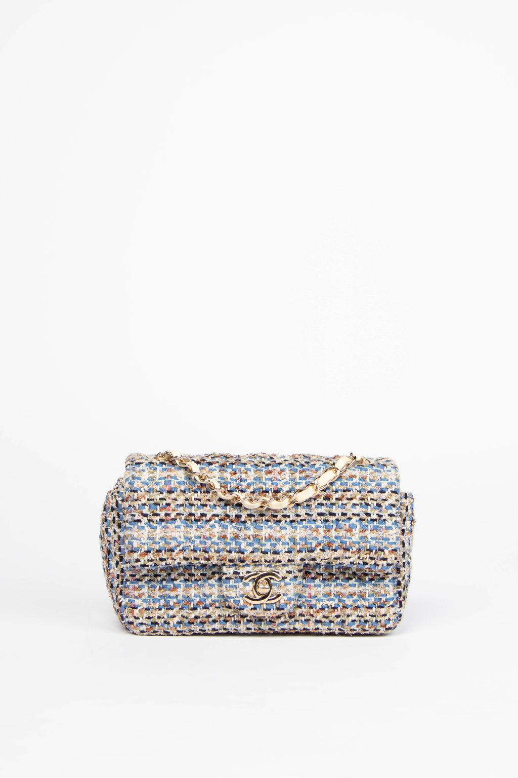 2019 Chanel Blue Tweed Mini Rectangular Flap Shoulder Bag