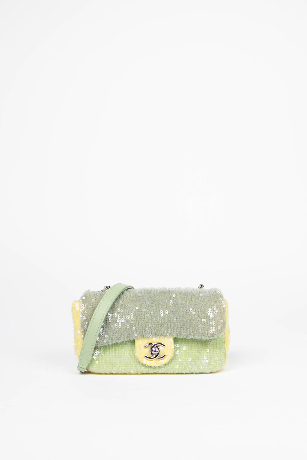 RARE 2018 Chanel Green Sequin Waterfall Mini Rectangular Flap Bag