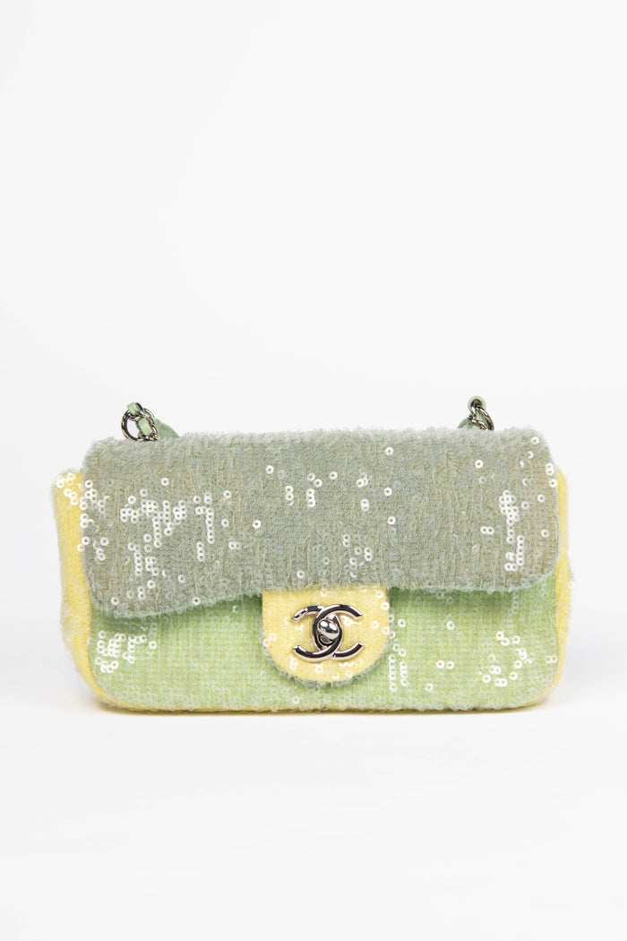 RARE 2018 Chanel Green Sequin Waterfall Mini Rectangular Flap Bag