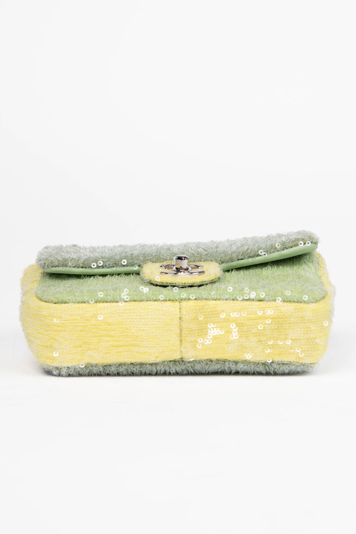 RARE 2018 Chanel Green Sequin Waterfall Mini Rectangular Flap Bag