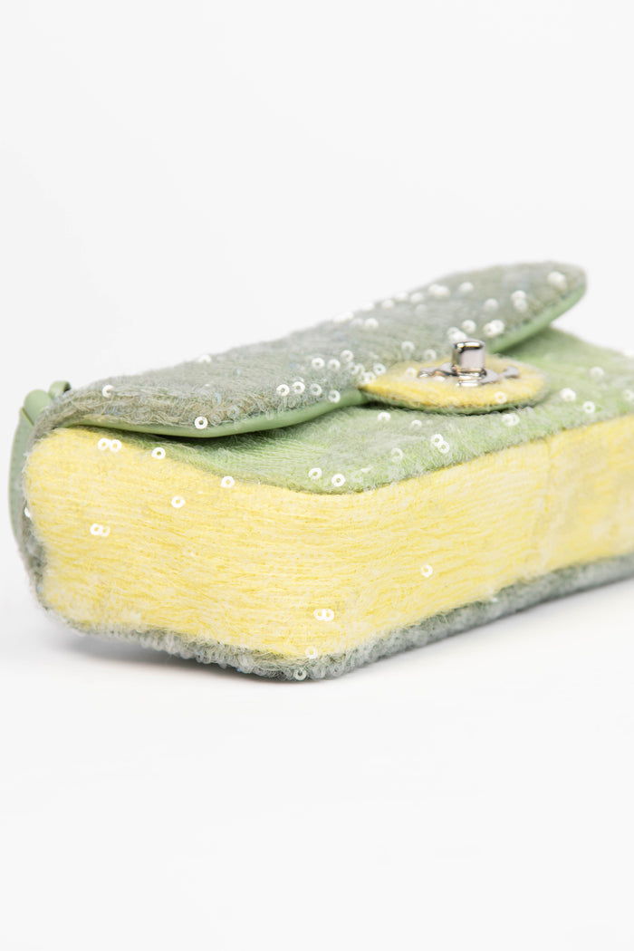 RARE 2018 Chanel Green Sequin Waterfall Mini Rectangular Flap Bag