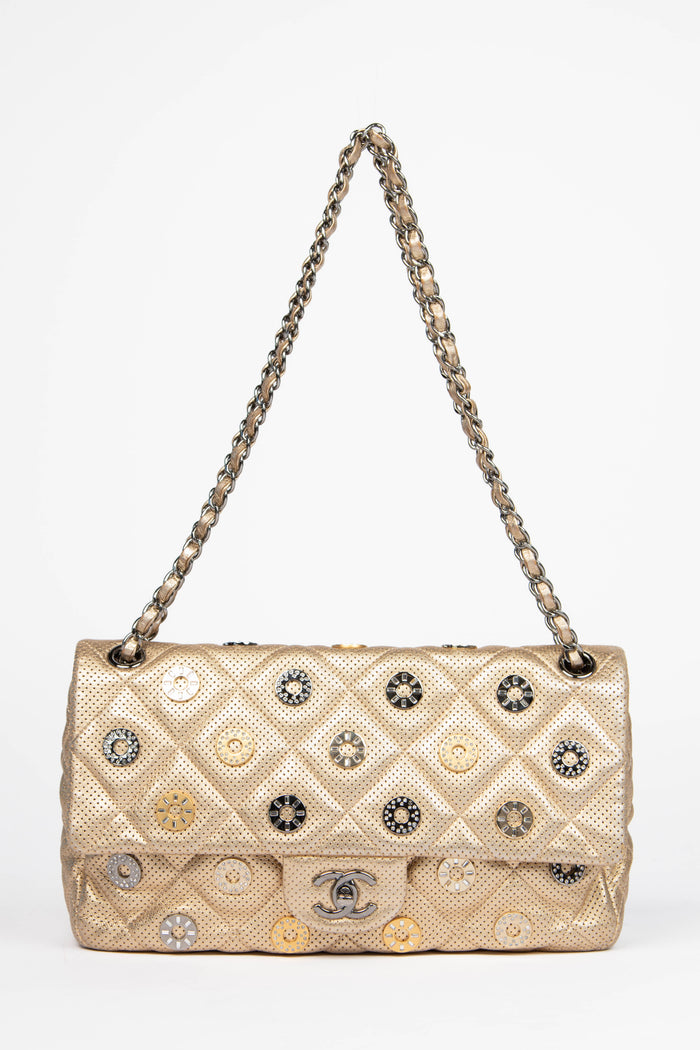 RARE 2010s Chanel Paris-Dubai Gold Perforated Medal Jumbo Flap Bag