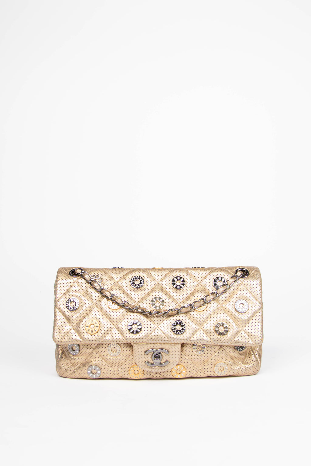 RARE 2010s Chanel Paris-Dubai Gold Perforated Medal Jumbo Flap Bag