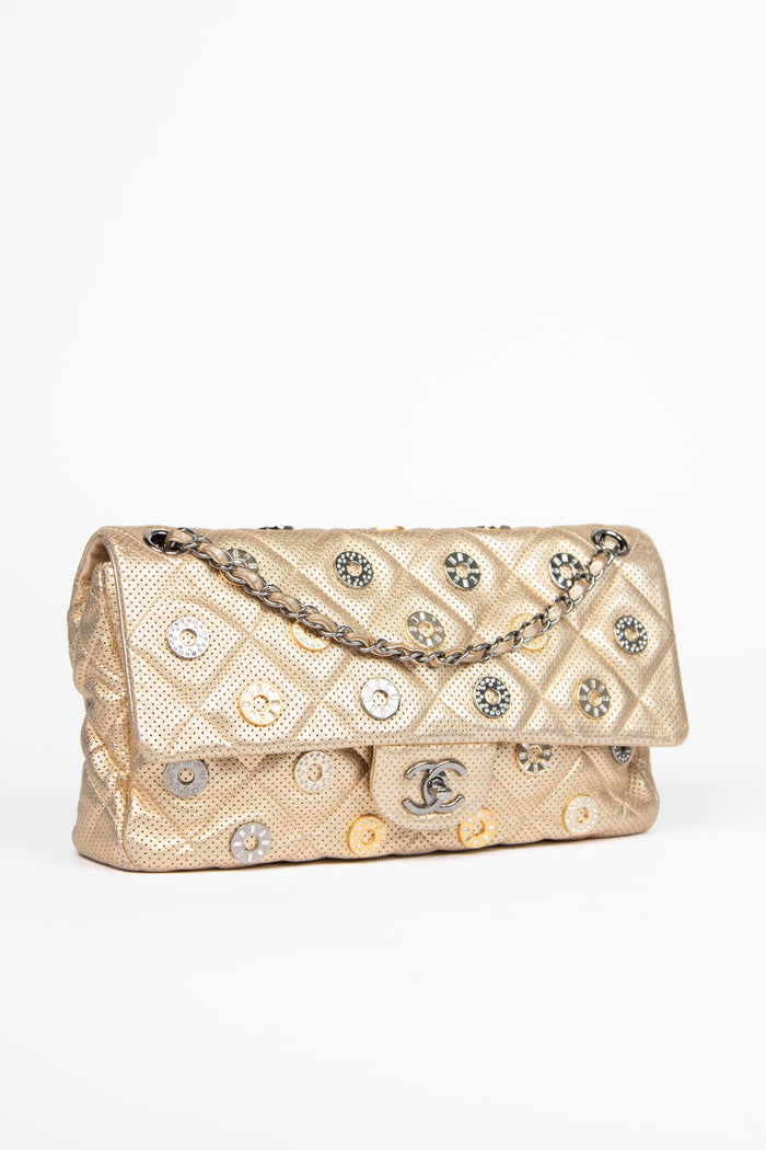 RARE 2010s Chanel Paris-Dubai Gold Perforated Medal Jumbo Flap Bag