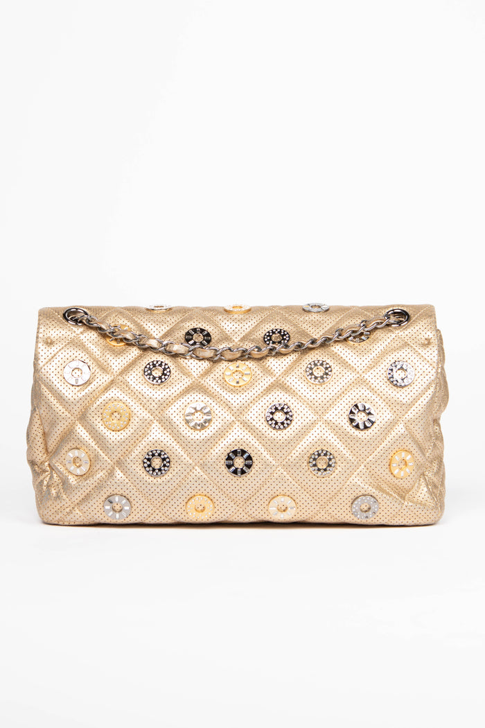 RARE 2010s Chanel Paris-Dubai Gold Perforated Medal Jumbo Flap Bag