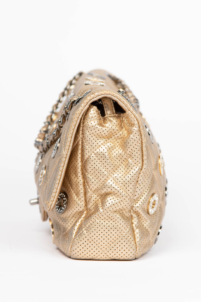 RARE 2010s Chanel Paris-Dubai Gold Perforated Medal Jumbo Flap Bag