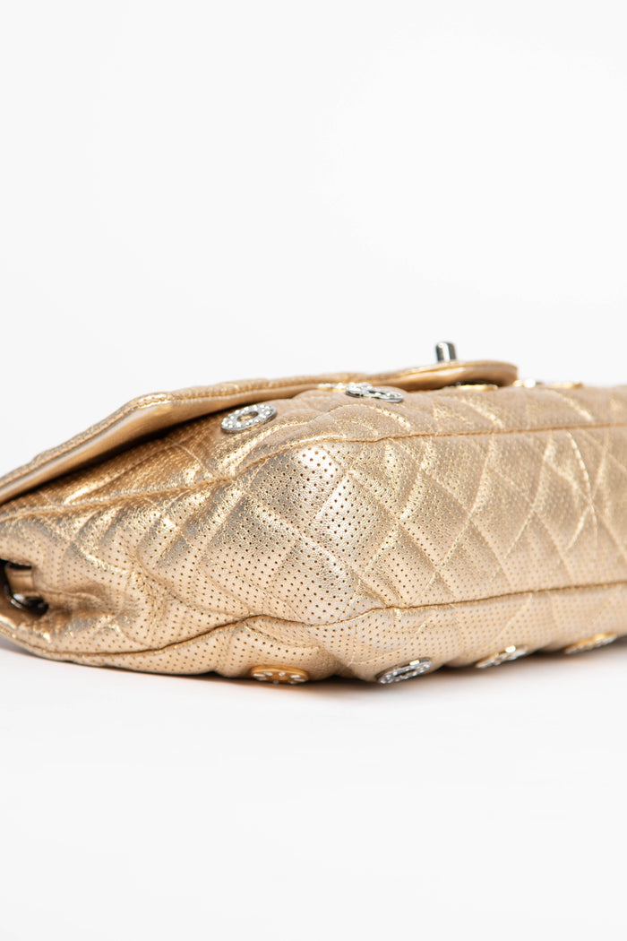 RARE 2010s Chanel Paris-Dubai Gold Perforated Medal Jumbo Flap Bag