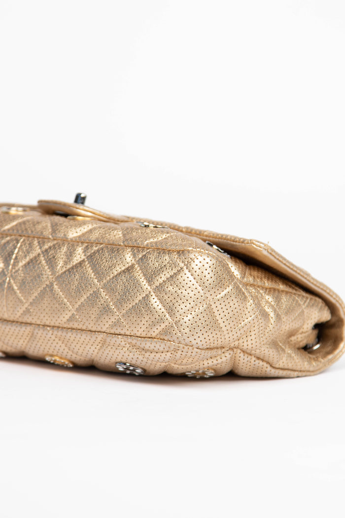 RARE 2010s Chanel Paris-Dubai Gold Perforated Medal Jumbo Flap Bag