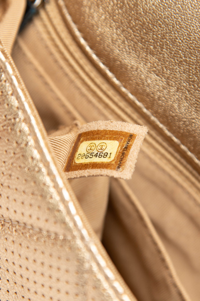 RARE 2010s Chanel Paris-Dubai Gold Perforated Medal Jumbo Flap Bag