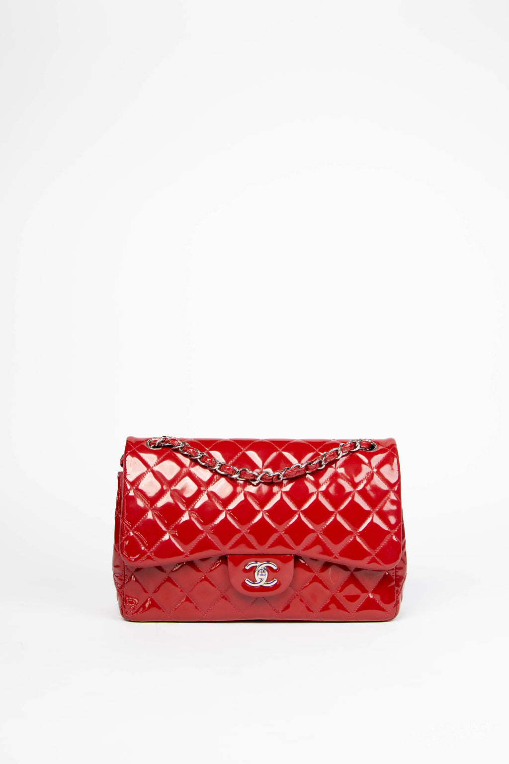 2010s Chanel Red Patent Leather Jumbo Double Flap Shoulder Bag
