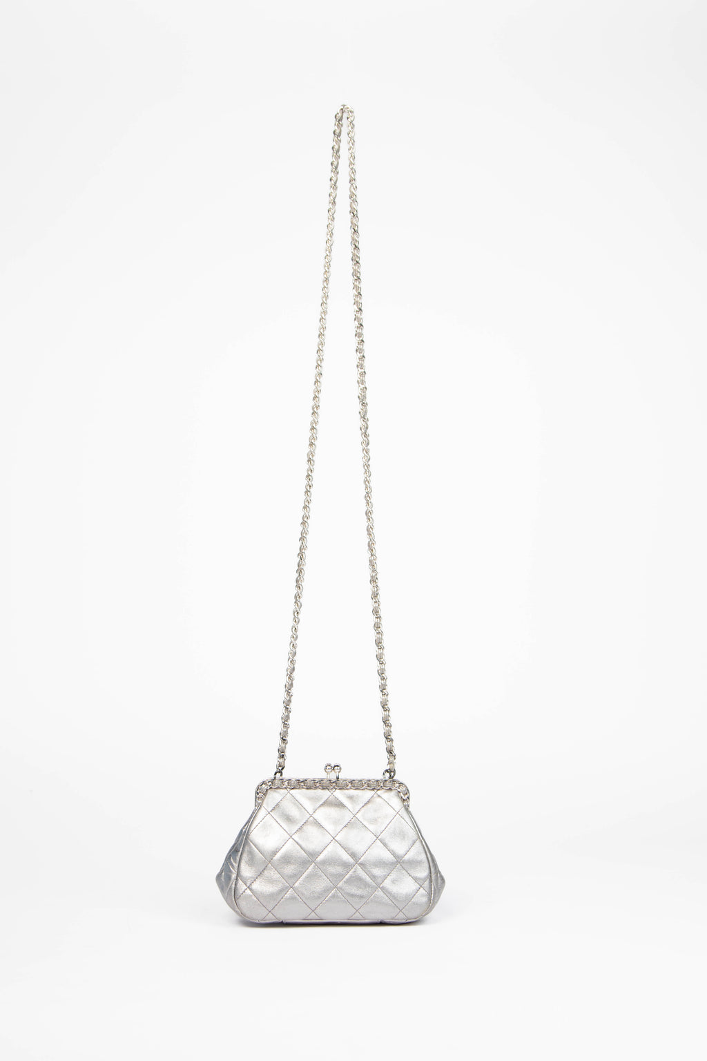 90s Chanel Silver Lambskin Leather Kisslock Crossbody Bag