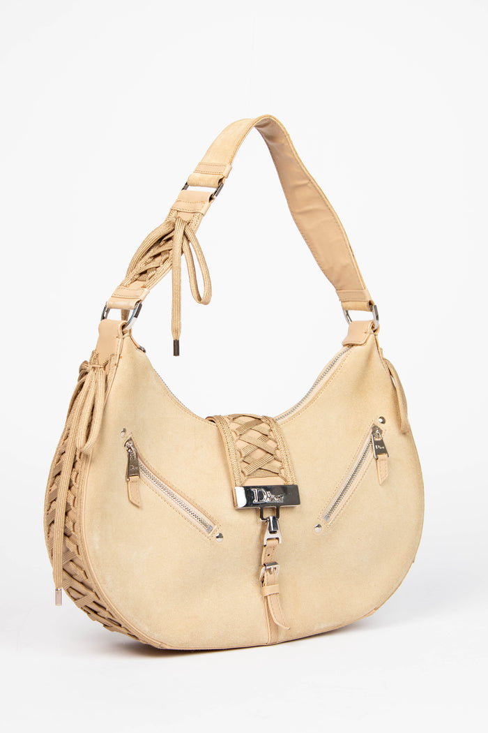 Vintage Christian Dior Galliano Beige Suede Admit It Shoulder Bag