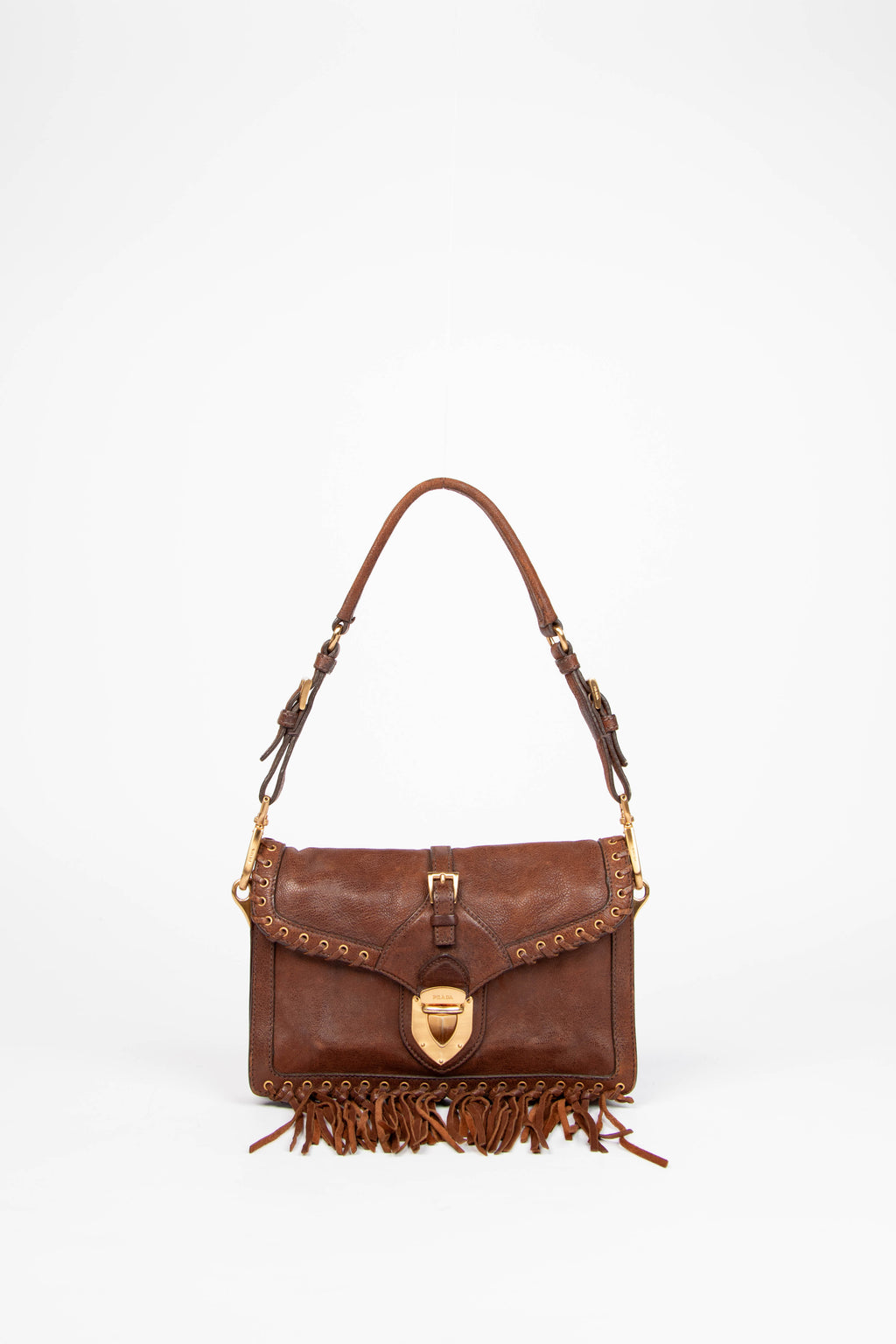 Vintage Prada Brown Fringe Trimmed Leather Shoulder Bag