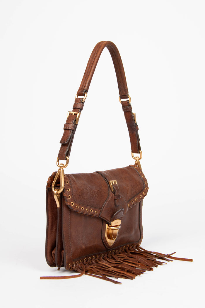 Vintage Prada Brown Fringe Trimmed Leather Shoulder Bag