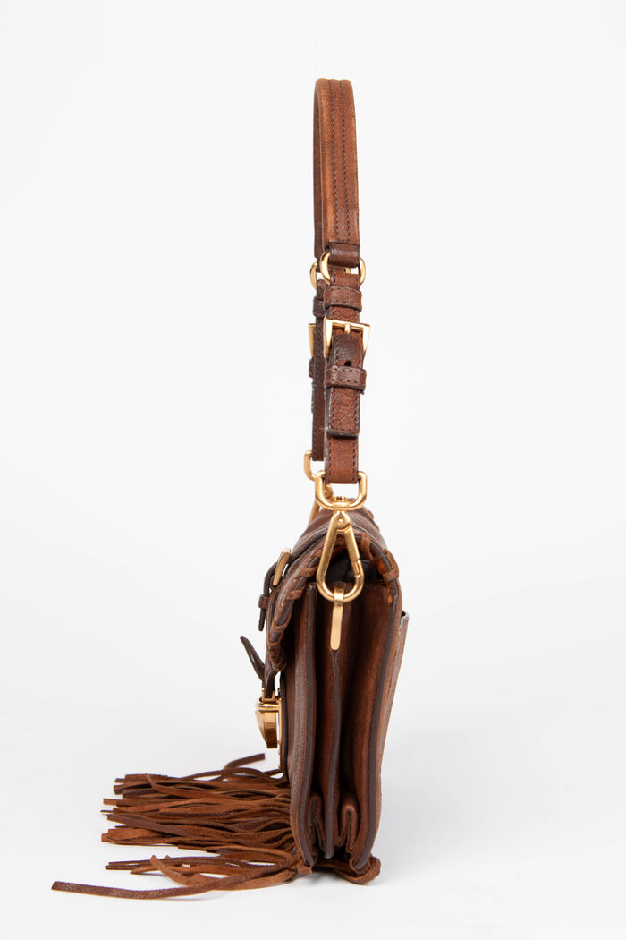 Vintage Prada Brown Fringe Trimmed Leather Shoulder Bag