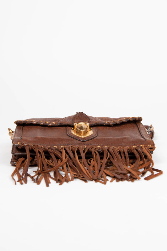 Vintage Prada Brown Fringe Trimmed Leather Shoulder Bag