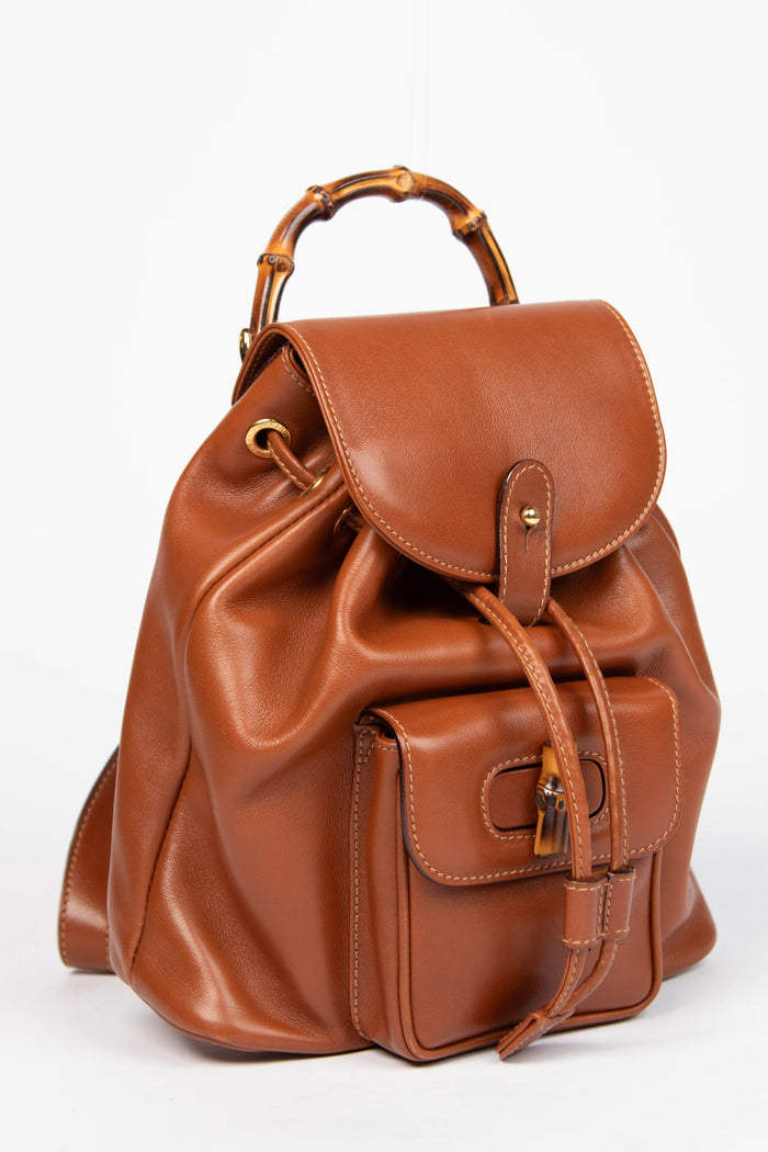 Vintage Gucci Tan Leather & Bamboo Mini Backpack