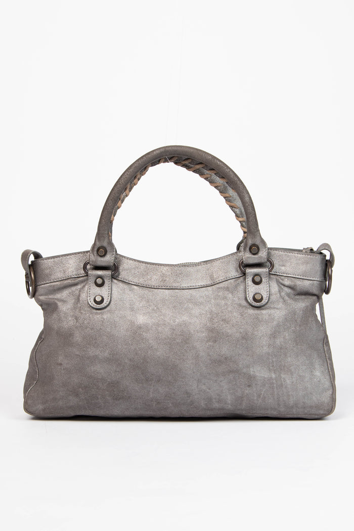 2000s Balenciaga Metallic Silver Leather First City Shoulder Bag