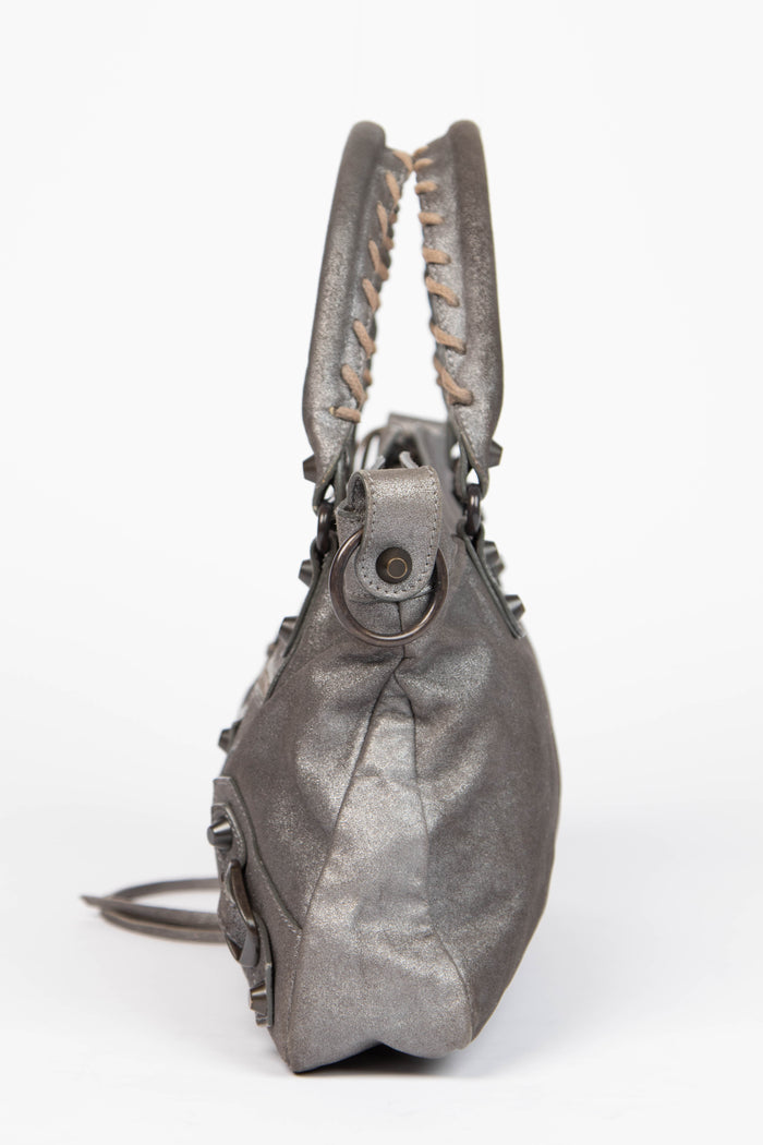 2000s Balenciaga Metallic Silver Leather First City Shoulder Bag