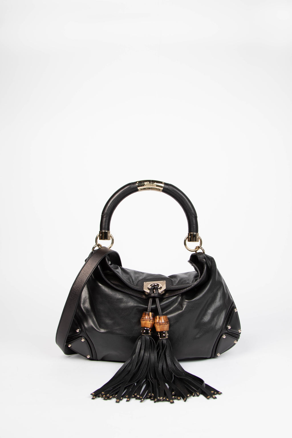 2000s Gucci Black Leather Indy Tassel Shoulder Bag