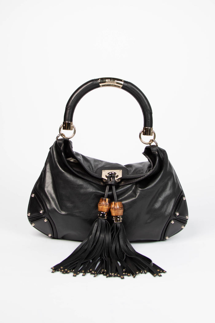 2000s Gucci Black Leather Indy Tassel Shoulder Bag