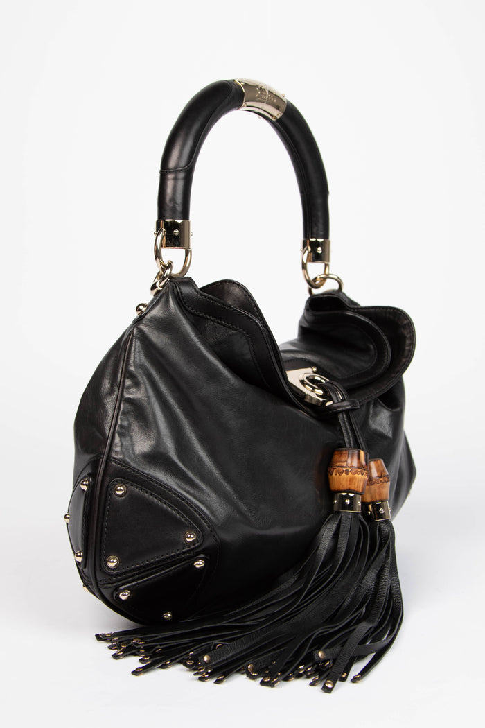 2000s Gucci Black Leather Indy Tassel Shoulder Bag