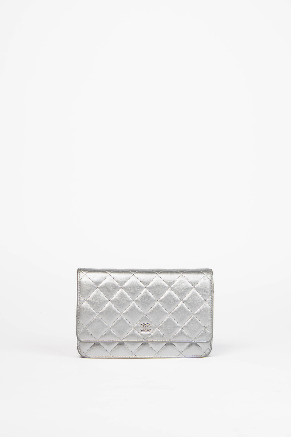 2010s Chanel Silver Lambskin Wallet on Chain