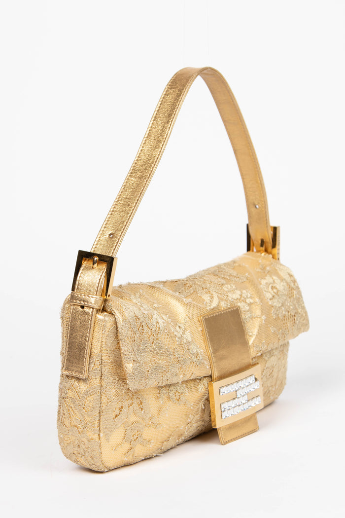 RARE Fendi Gold Lace and Crystal Baguette Shoulder Bag