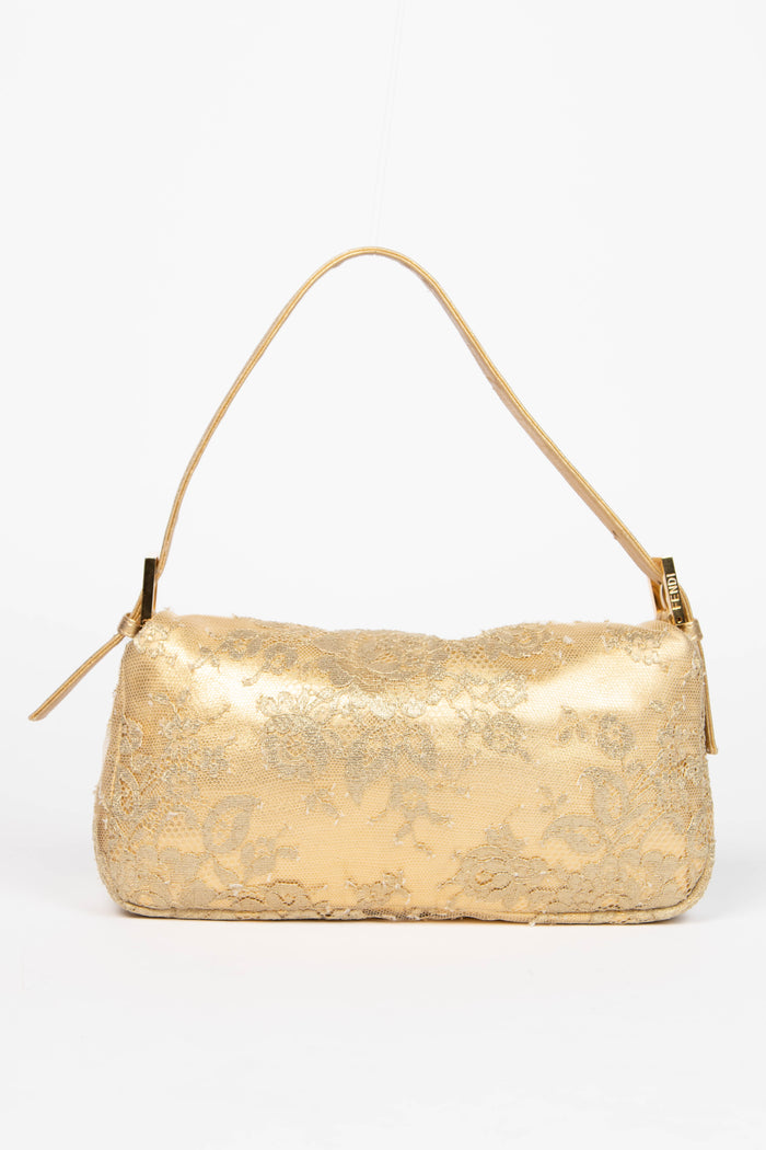 RARE Fendi Gold Lace and Crystal Baguette Shoulder Bag