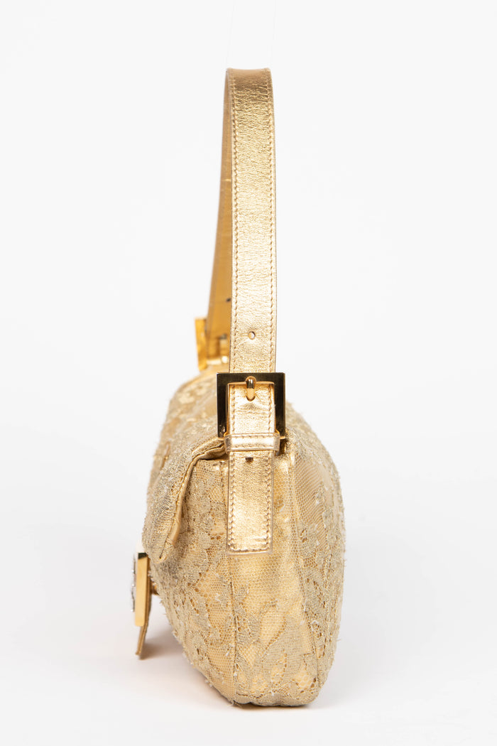 RARE Fendi Gold Lace and Crystal Baguette Shoulder Bag