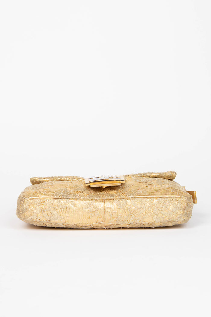 RARE Fendi Gold Lace and Crystal Baguette Shoulder Bag