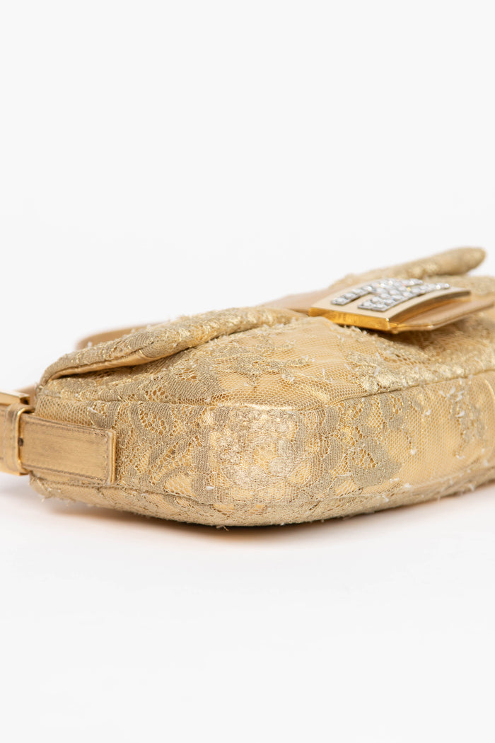 RARE Fendi Gold Lace and Crystal Baguette Shoulder Bag