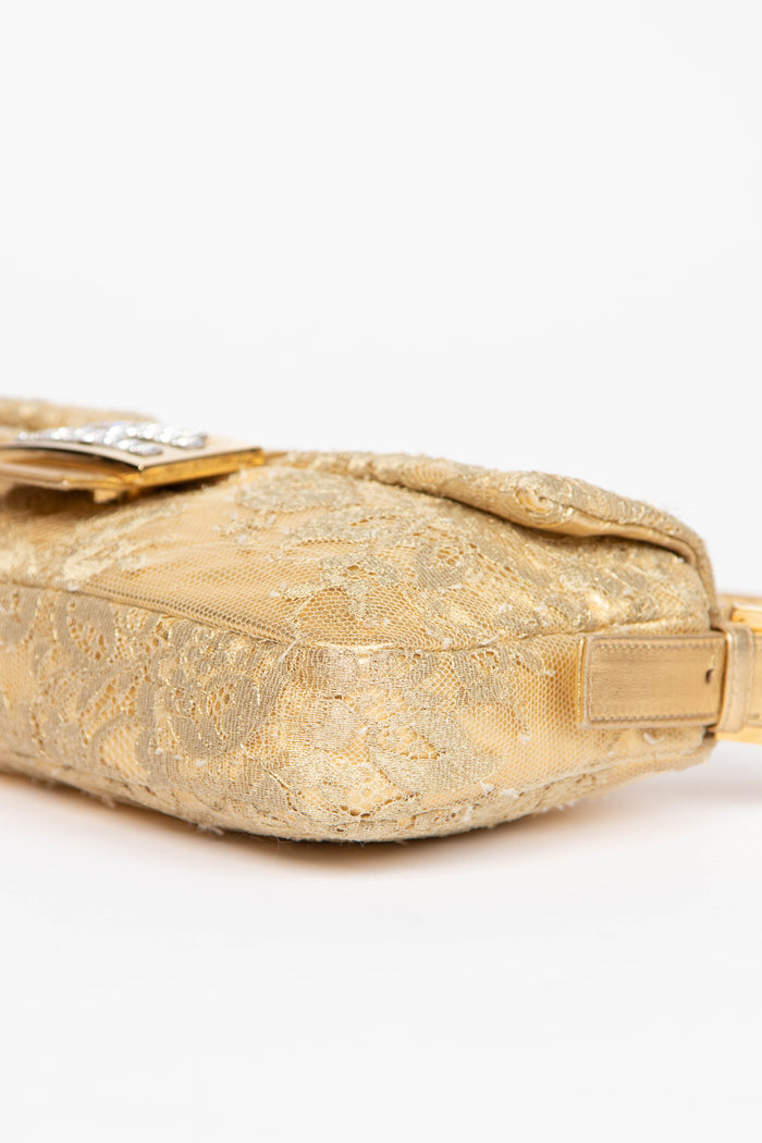 RARE Fendi Gold Lace and Crystal Baguette Shoulder Bag