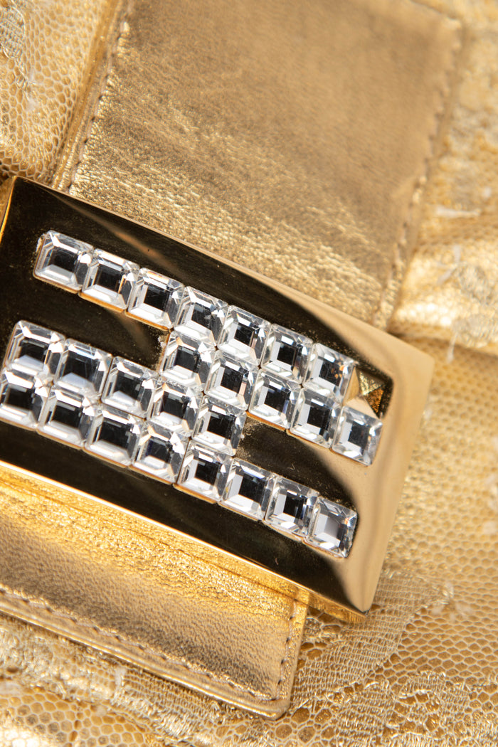 RARE Fendi Gold Lace and Crystal Baguette Shoulder Bag