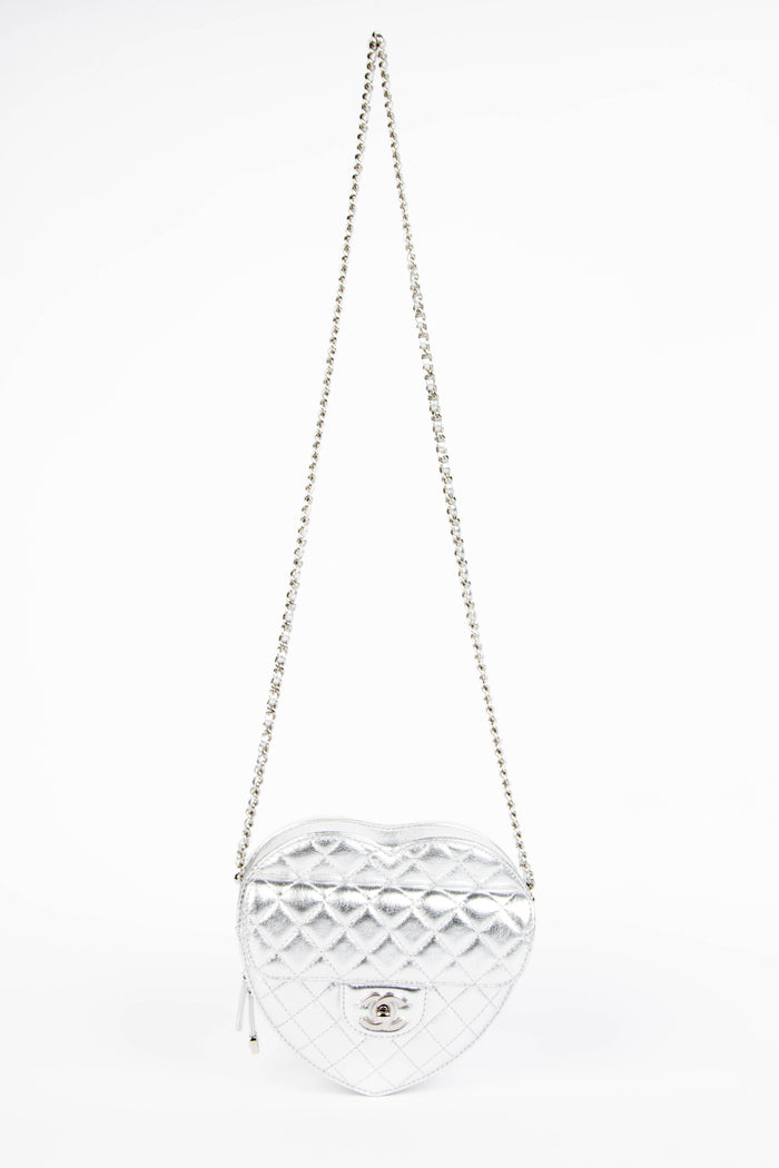 RARE Chanel Silver Lambskin Leather Heart Large Cross Body Bag