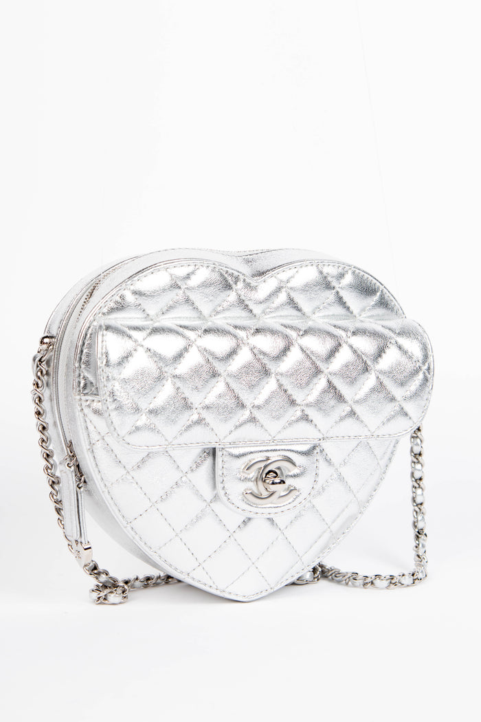 RARE Chanel Silver Lambskin Leather Heart Large Cross Body Bag
