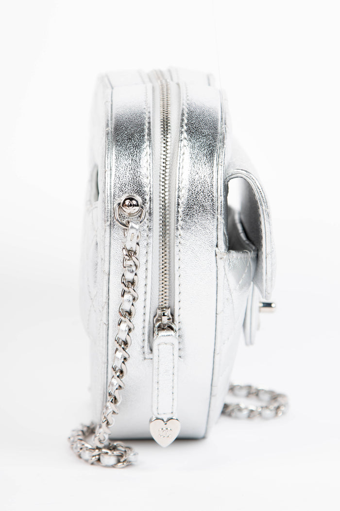 RARE Chanel Silver Lambskin Leather Heart Large Cross Body Bag