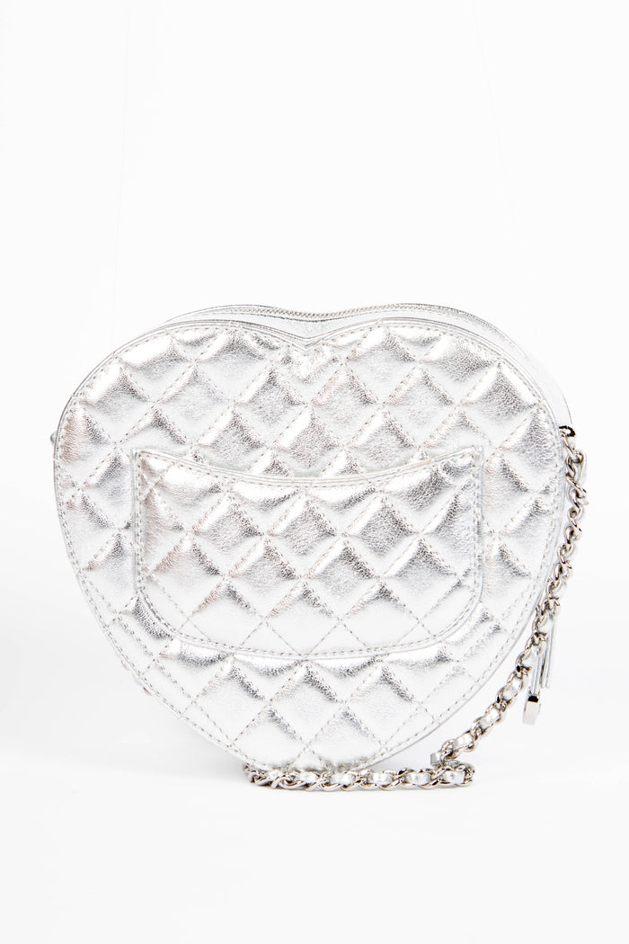 RARE Chanel Silver Lambskin Leather Heart Large Cross Body Bag