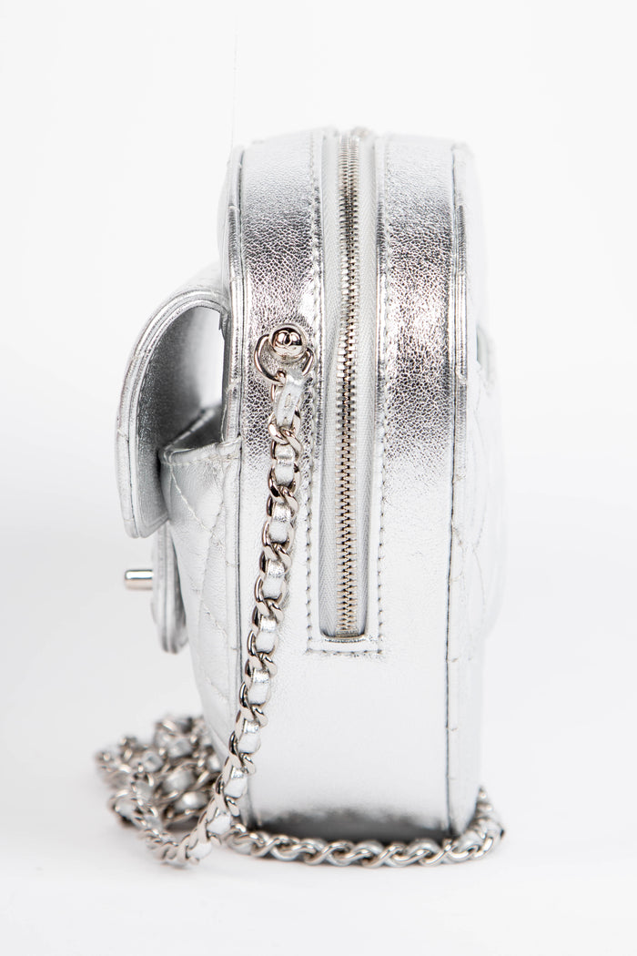 RARE Chanel Silver Lambskin Leather Heart Large Cross Body Bag