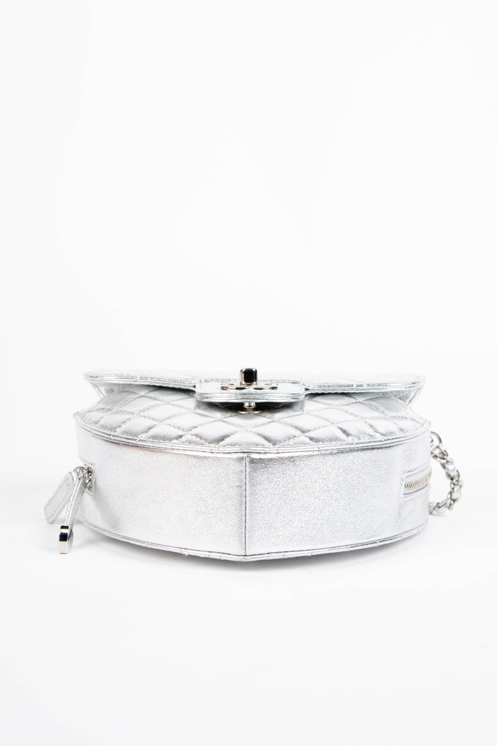 RARE Chanel Silver Lambskin Leather Heart Large Cross Body Bag