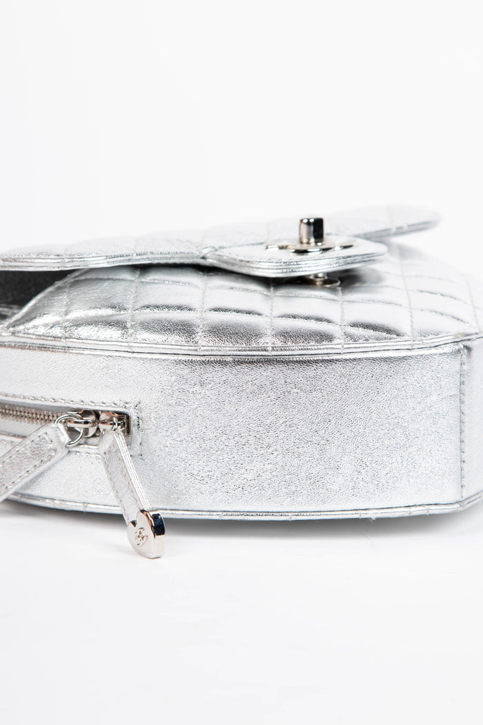 RARE Chanel Silver Lambskin Leather Heart Large Cross Body Bag