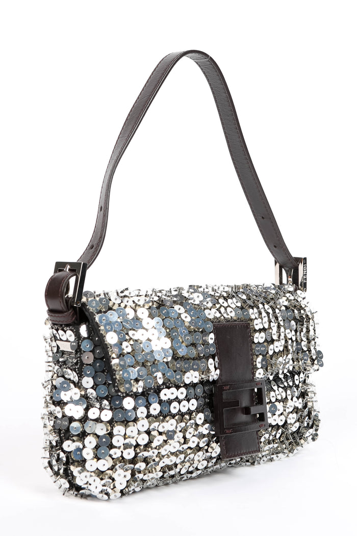 RARE Fendi Silver Sequin and Beaded Baguette Shoulder Bag