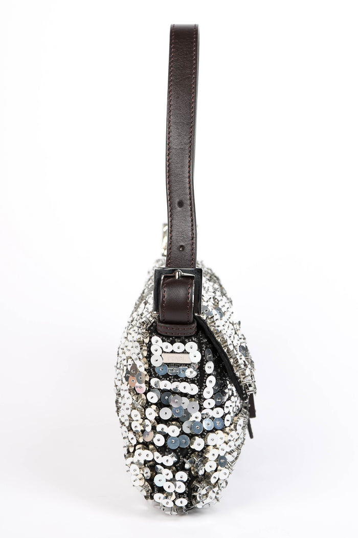 RARE Fendi Silver Sequin and Beaded Baguette Shoulder Bag